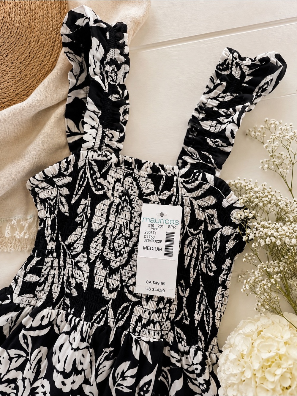 Maurices Black & White Floral Smocked Midi Dress NWT Size Medium